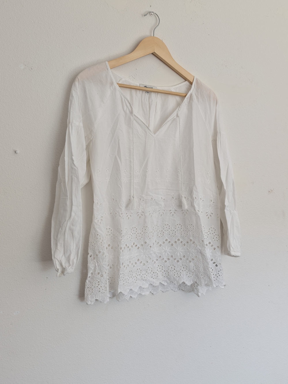 Madewell Cotton White Eyelet V-Neck Peasant Tunic